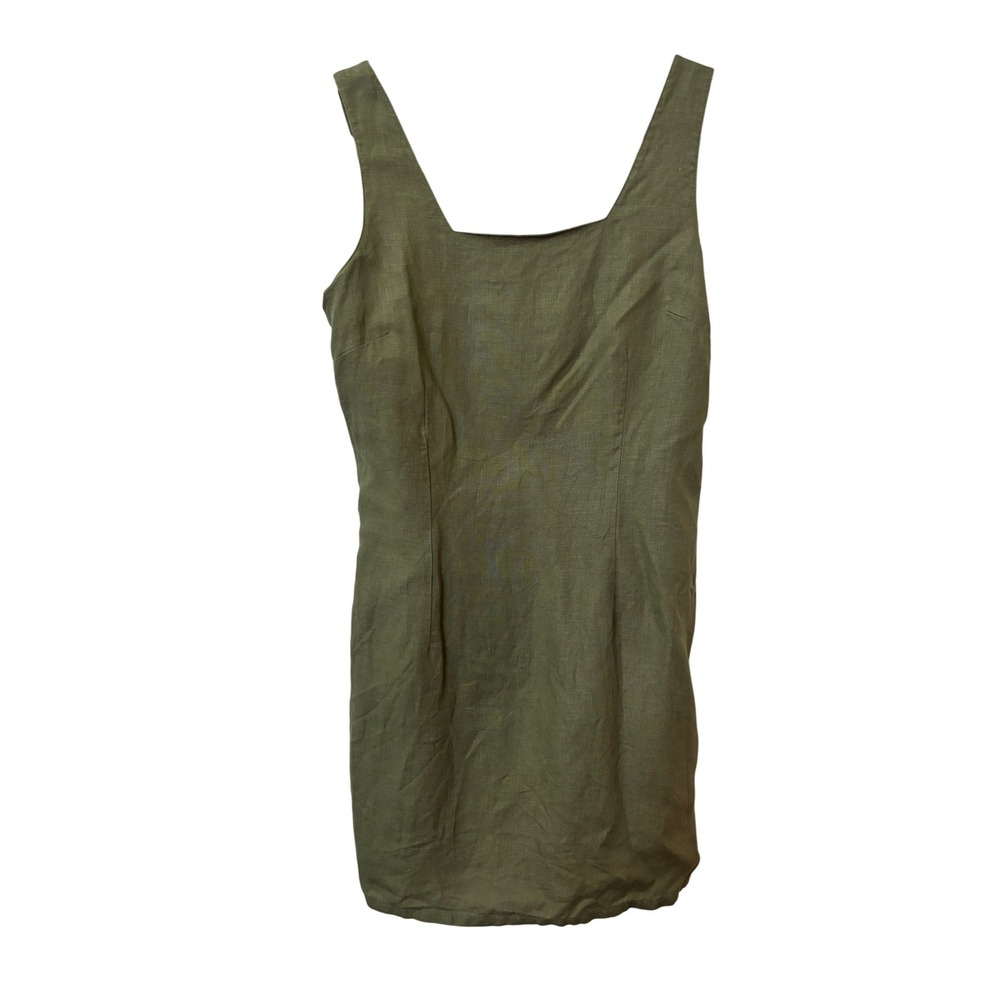 Y2K La Redoute Olive Green Linen Blend Side Button Square Neck Mini Shift Dress